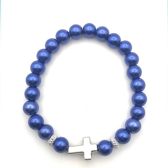 Cobalt Blue Faux Pearl Side Cross Stretch Bracelet - Picture 3 of 4